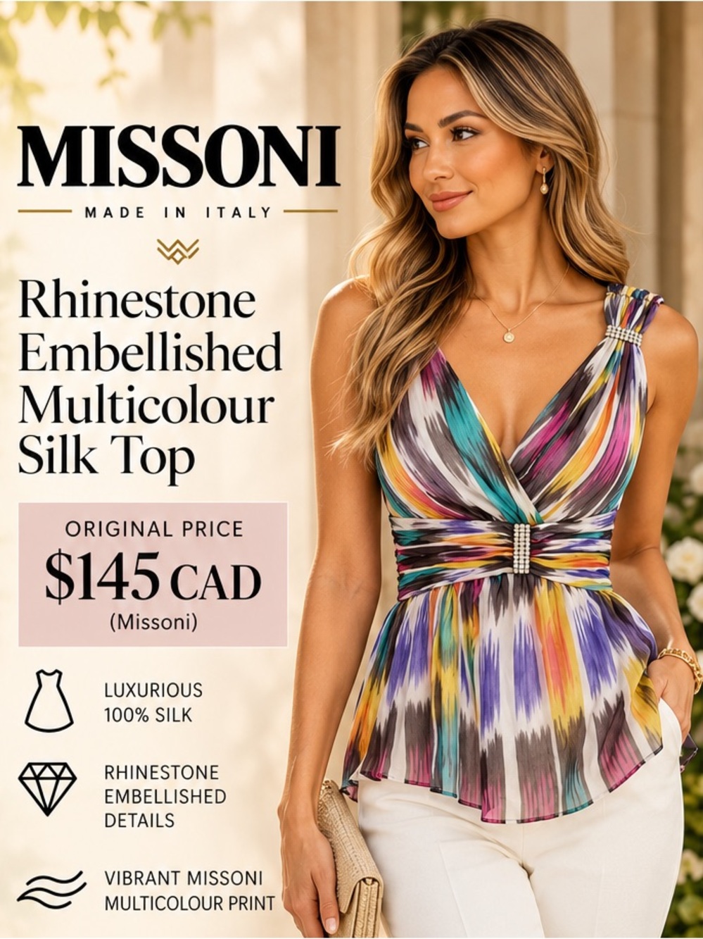 #260 VINTAGE Designer Missoni Multicolor Brushstroke Rhinestone-Detail 100% SILK